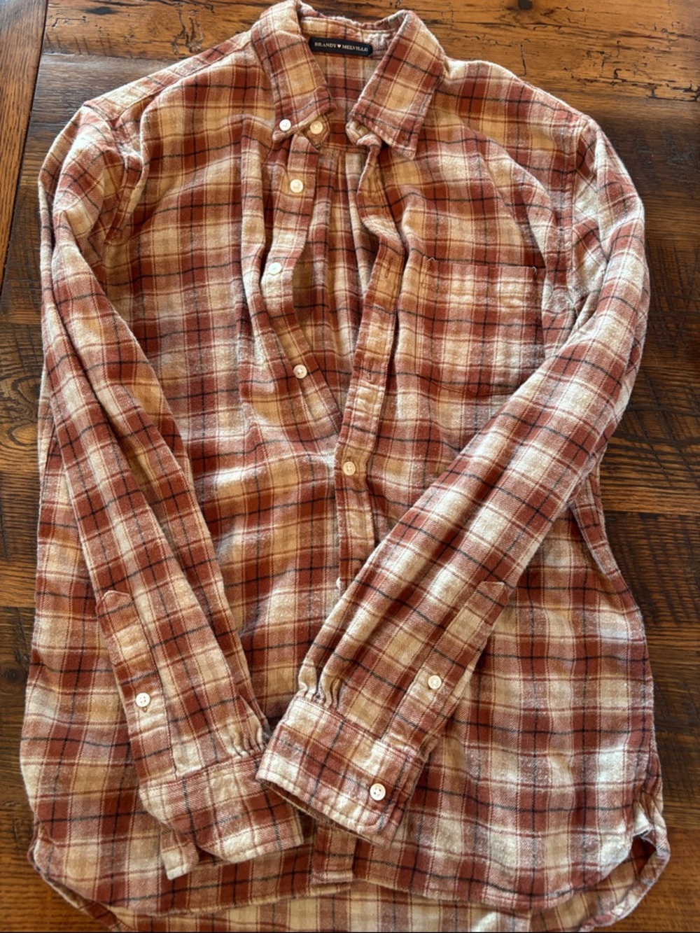 Brandy Melville Rust and Cream Plaid Button-Down Shirt